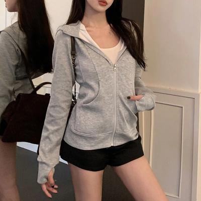 Hall Tõmblukuga Kapuutsiga Dressipluus Naistele Kitsa Lõikega Kardigan Pikkade Varrukatega Jakk Ühevärvilised Taskud Spordihoodie Jakk