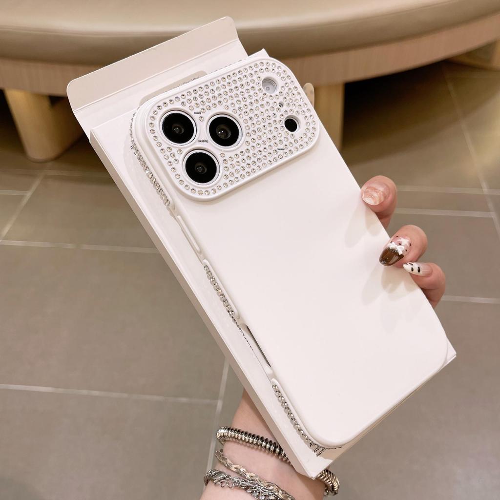 Compatible Apple 17 Pro Solid Color Rhinestone Lens Case for iPhone 16, Anti-fall Protective, Special Side Rhinestones.