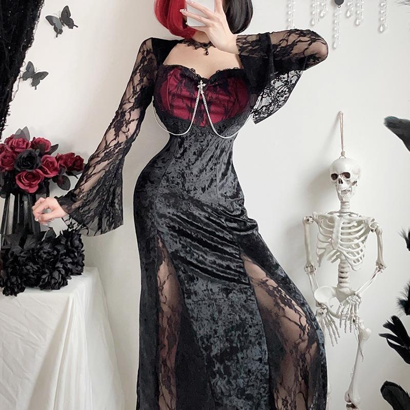 Dark goth halloween costume black dress witch long dress vampire bride outfit wind