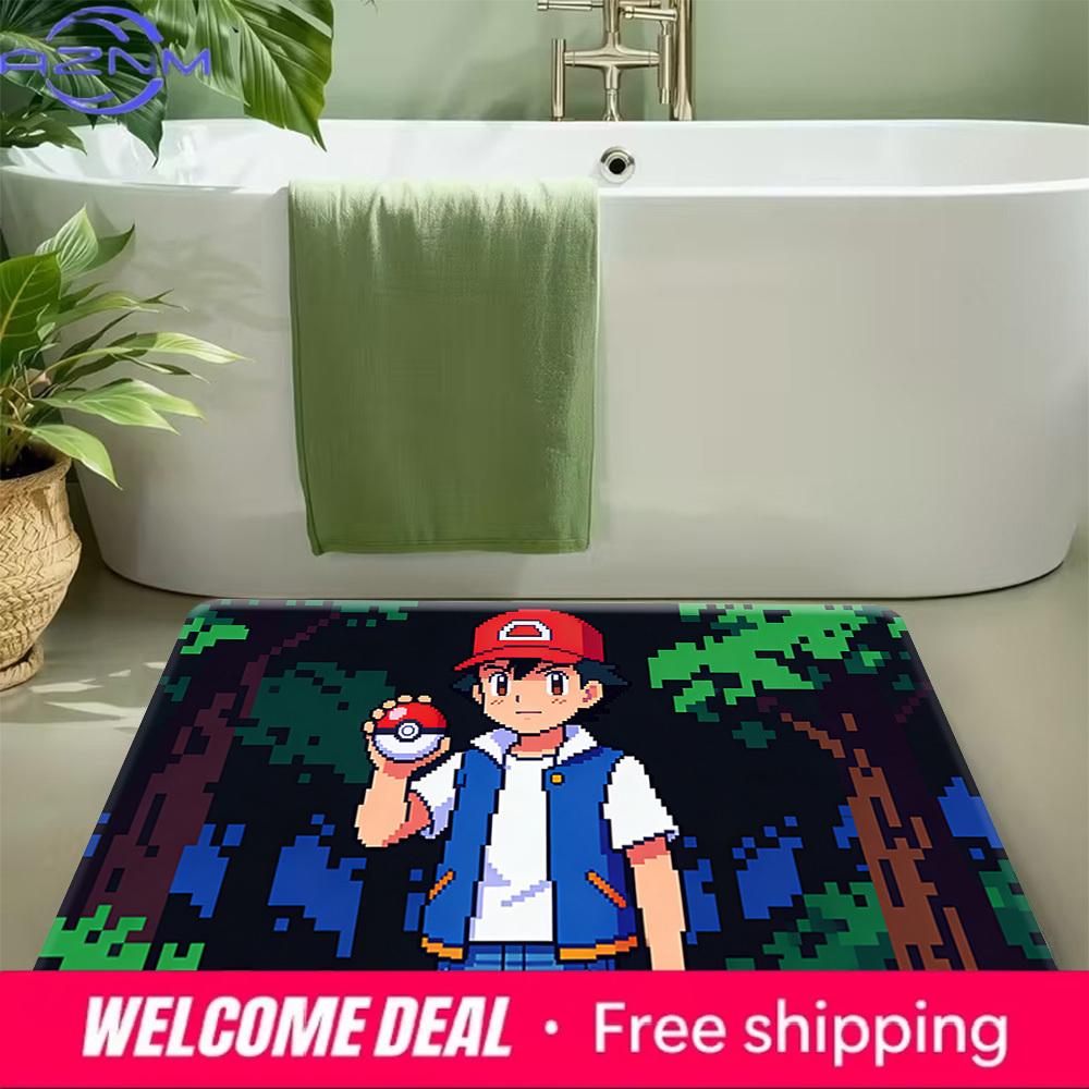 Ash Ketchum Pixel Art with Pokeball Print Doormat Non-Slip Absorbent Floor Mat for Indoor Entrance Home Decor