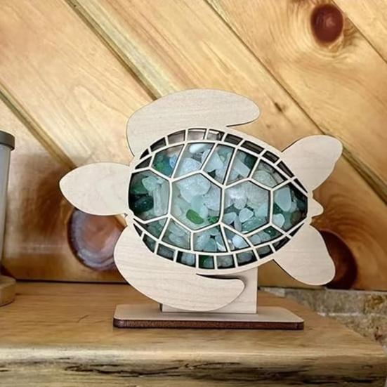 Sea Turtle Seaglass Display Box Wooden Tortoise Shell Holder Storage