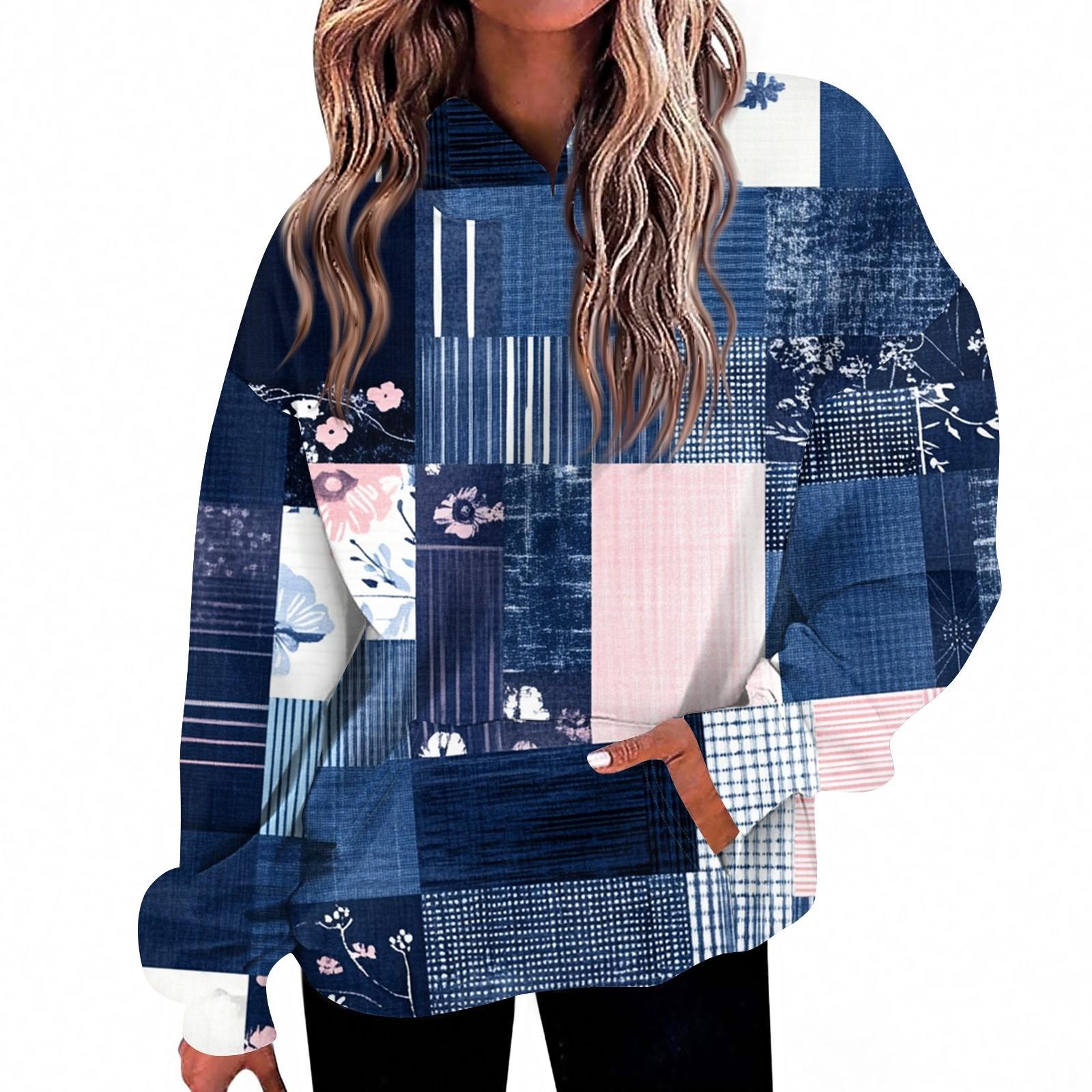 

Женская мода Повседневный топ с V-образным вырезом и длинными рукавами с принтом S циан