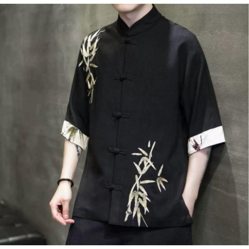 Linen Shirt Men's Short-sleeved Chinese Style Disc Button Half-sleeved Tang Suit Summer Chinese Style Men's Cotton and Linen Five-point Sleeve Shirt