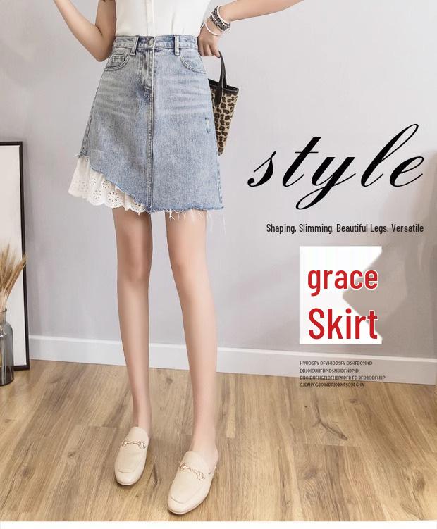 Fustă Mini Denim Ruptă cu Dantelă Aplicată cu Talie Înaltă pentru Femei 2025