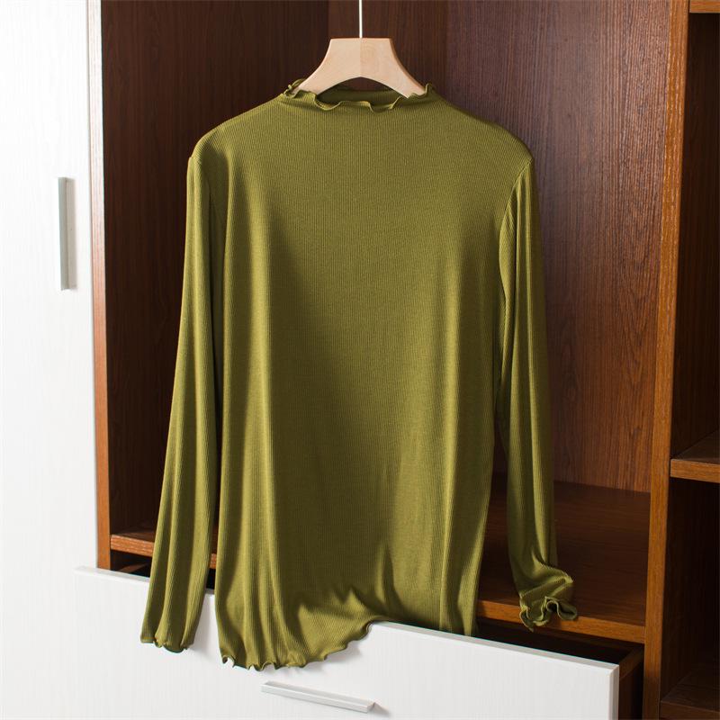 Women's Korean Style Modal Long Sleeve Base Layer T-shirt, Half-High Neck, Plus Size, Thin, Solid Color, Autumn Top
