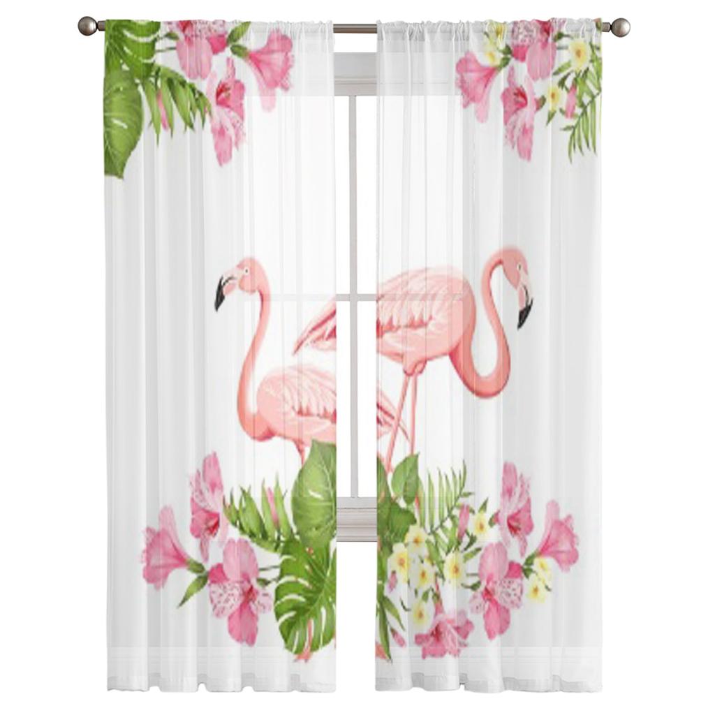 Tropical Birds Flowers Flamingo Sheer Curtains for Living Room Transparent Tulle Window Curtain Bedroom Kitchen Veil Drapes