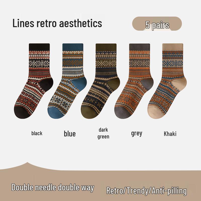 Herrensocken im Ethno-Stil, mittelhoch, doppelt gestrickt - Antibakteriell, Retro für Herbst/Winter