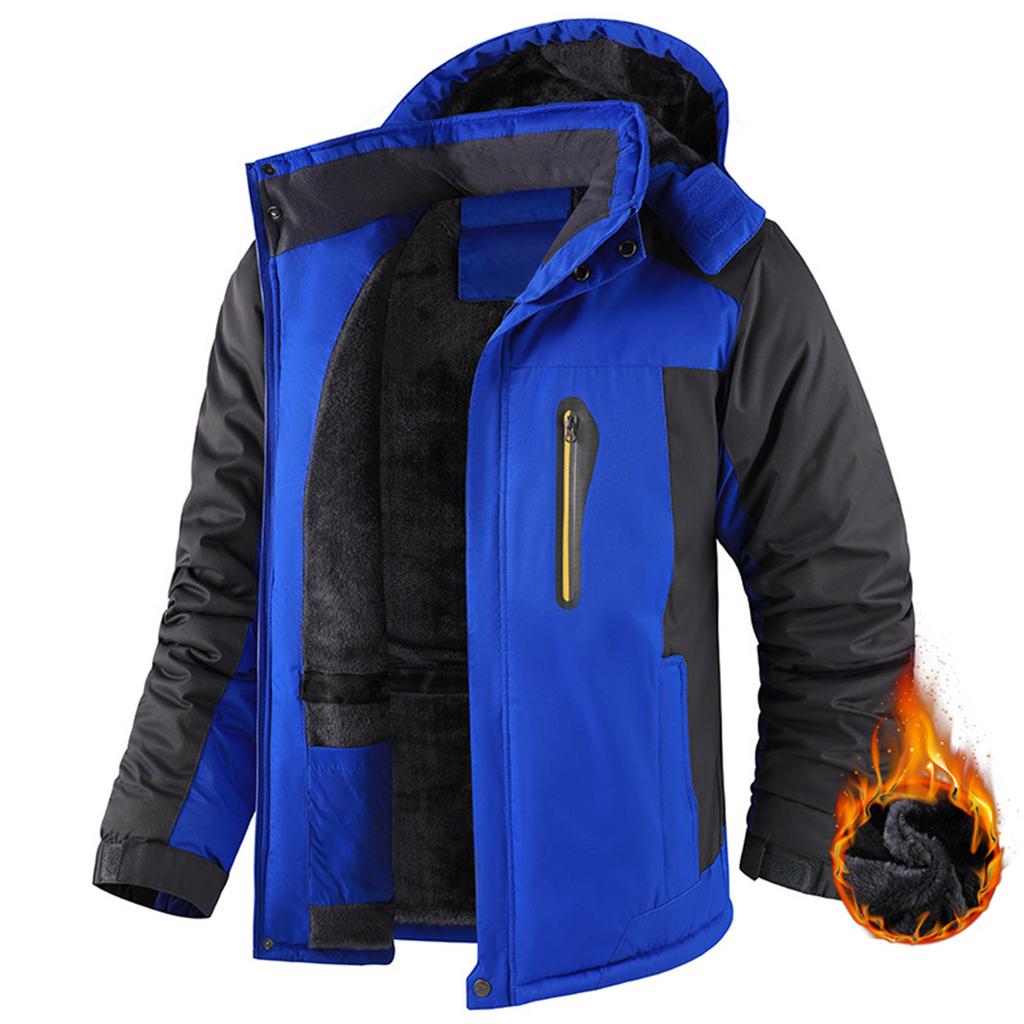 Unisex Colorblock Zipper Pocket Hooded Jacket Men's Casual Plush Jacket