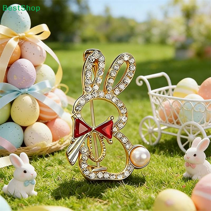 Easter Bunny Rhinestone Brooch,Gold Tone Rabbit Lapel Pin with Pearl & Red Bow for Women