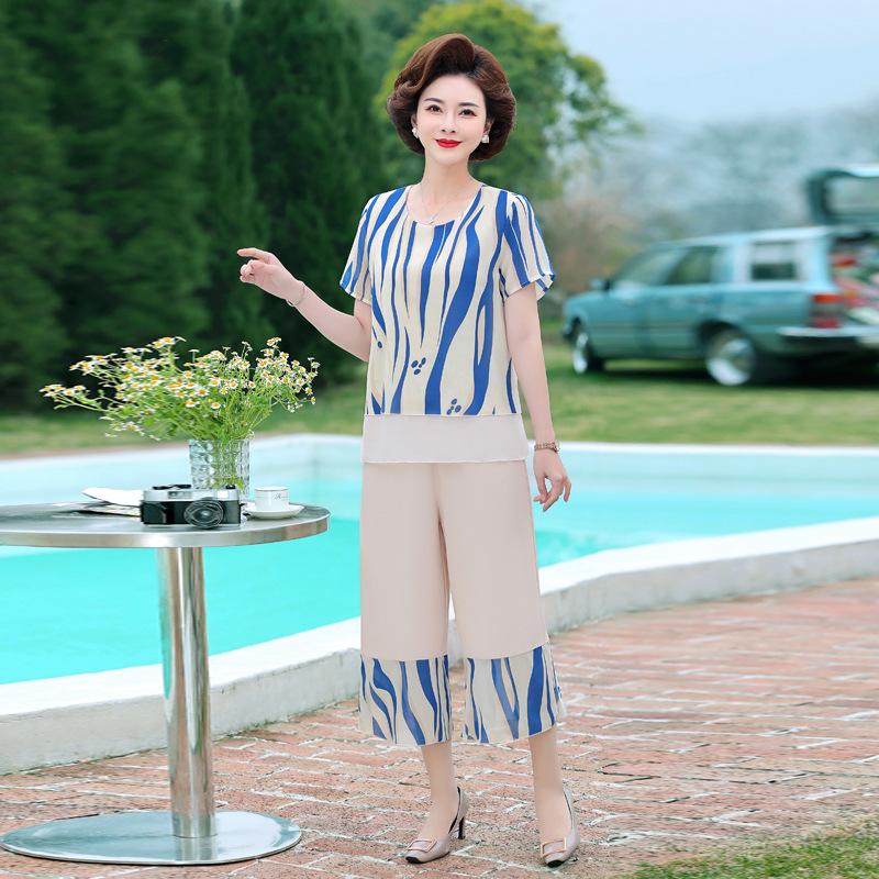 

2026 Summer Chiffon Suit for Mid-aged Women: Casual Plus Size Short-sleeve T-shirt Set 2XL (95-115 lbs)