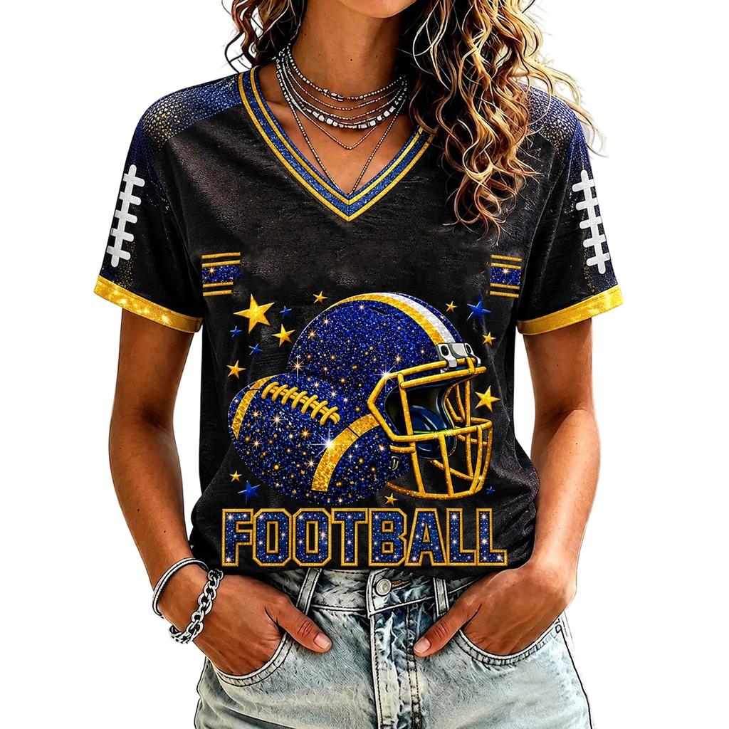Casual V-hals T-shirt met korte raglanmouwen en rugbyprint voor dames