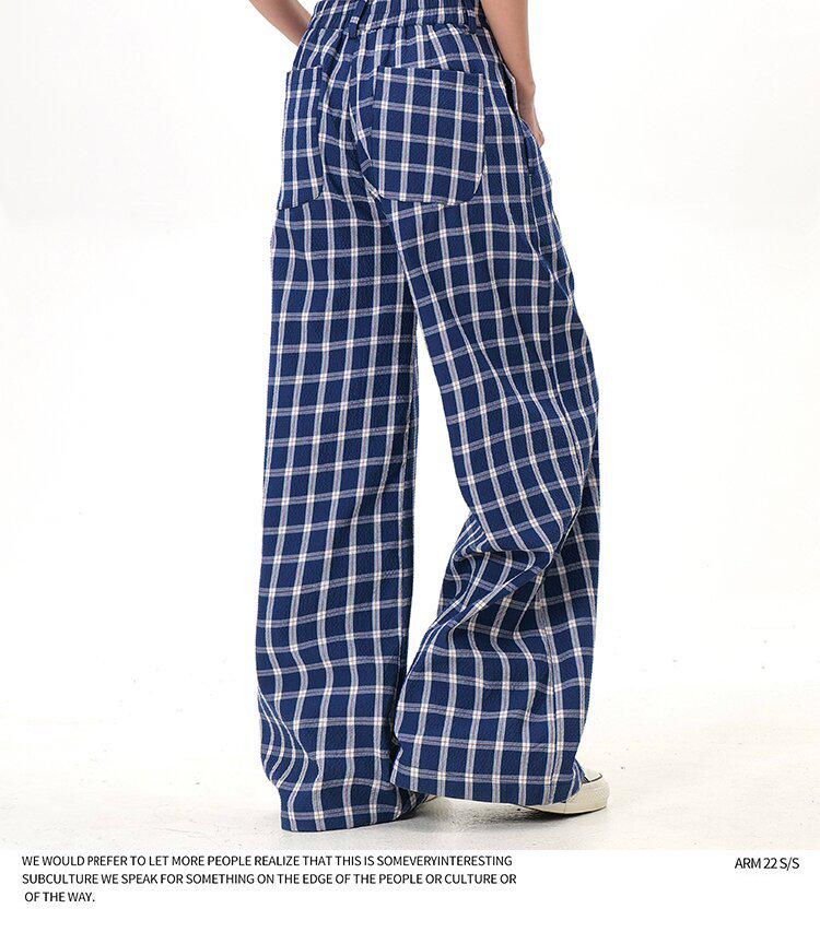 Women's Retro Plaid 2025 Wide-Leg Pants with Button Design, Floor-Length, Zhao Lusi Style