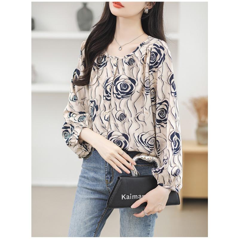 Spring Round Neck Print Floral Loose Blouse Women Elegant Casual Shirts Women Tops Plus Size Long Sleeve Vintage Button Up Office Ladies Shirt 26328