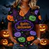Women Casual Short Sleeve V Neck Pullover Top Halloween Pumpkin Print Lightweight Loose Fit Blouse for Everyday Wear