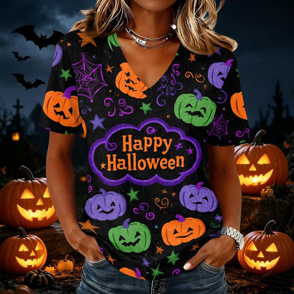 Women Casual Short Sleeve V Neck Pullover Top Halloween Pumpkin Print Lightweight Loose Fit Blouse for Everyday Wear