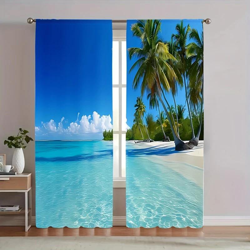 

2 pieces of blue seaside view printed curtains, pole bag curtains, bedroom and living room, home decoration, room decoration 14Wx39L(35x100CM)x2