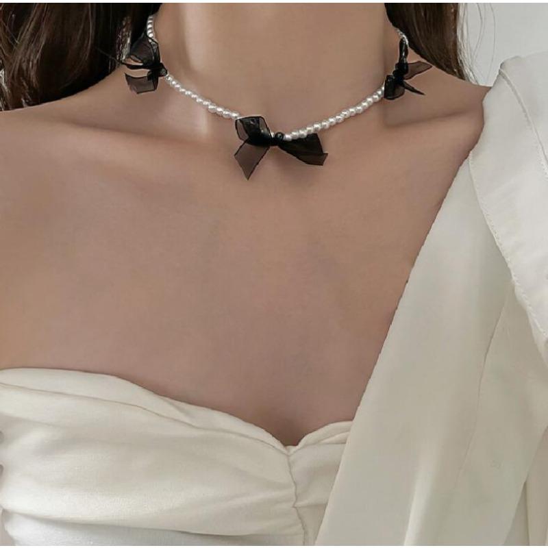 Mesh Bow Pearl Necklace Women's Ins Wind Niche Design Clavicle Chain Neck Chain