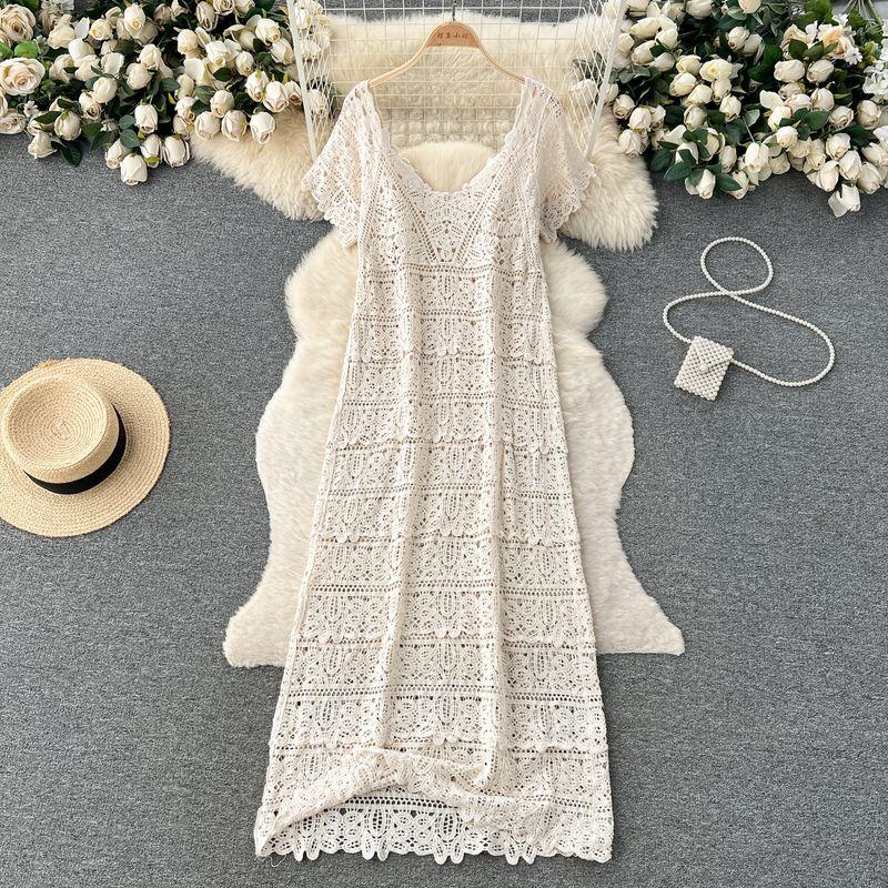 

Summer Retro Heavy Industry Crochet Cut Out Beach Dress Apricot color One size