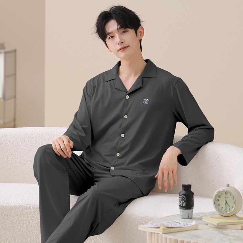 Couple pajamas pure cotton long-sleeved spring and autumn women's simple casual men's comfortable cardigan cotton loungewear set