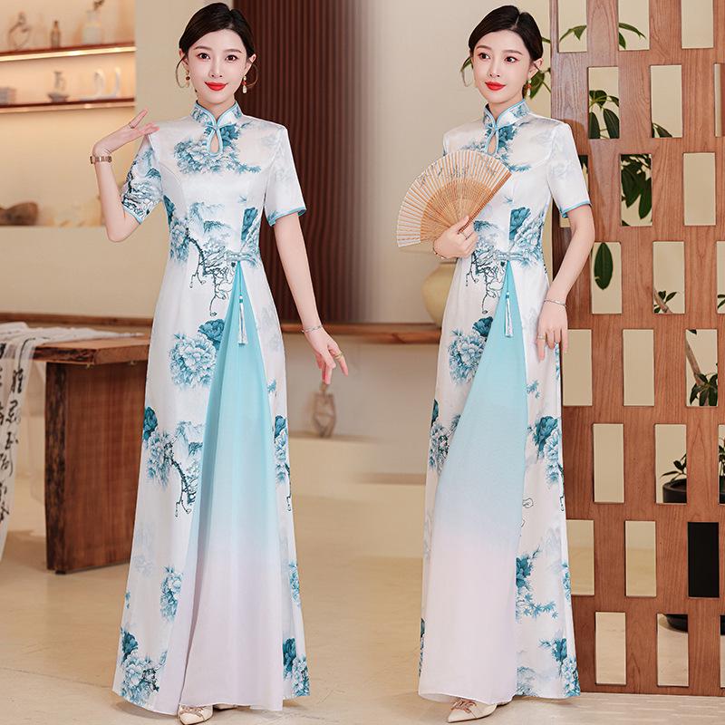 2025 Retro Chinese National Style Ao Dai Print Cheongsam Dress: Short Sleeve, Long Design for Women