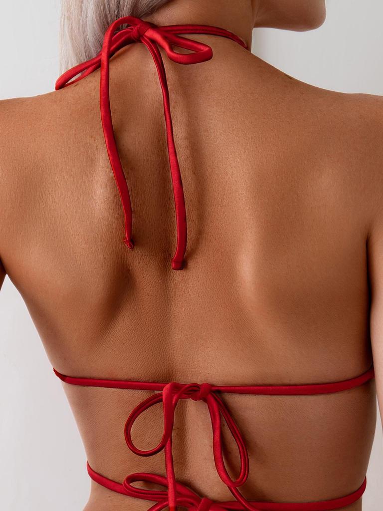 European & American Solid Color Backless Halter Bikini: Sexy Split, High-End Beach Style