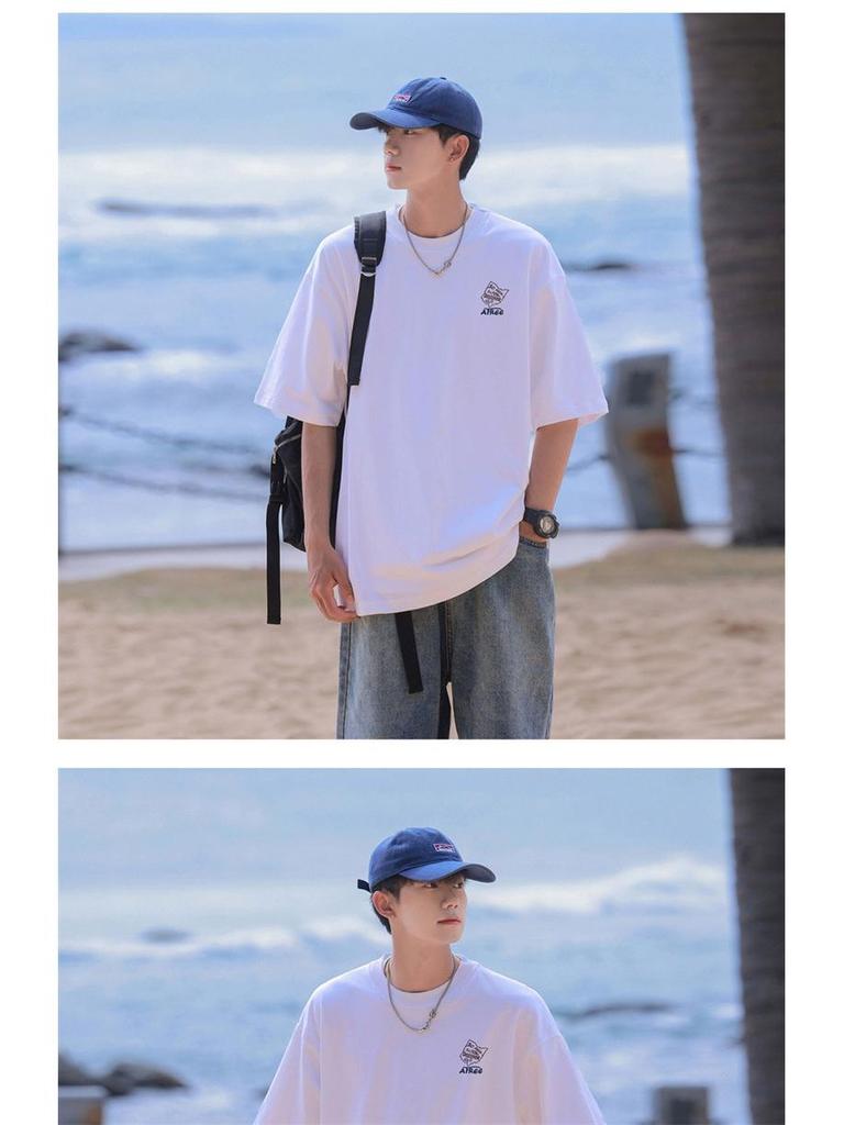 Męska luźna koszulka z krótkim rękawem, ciężka, wykonana z czystej bawełny