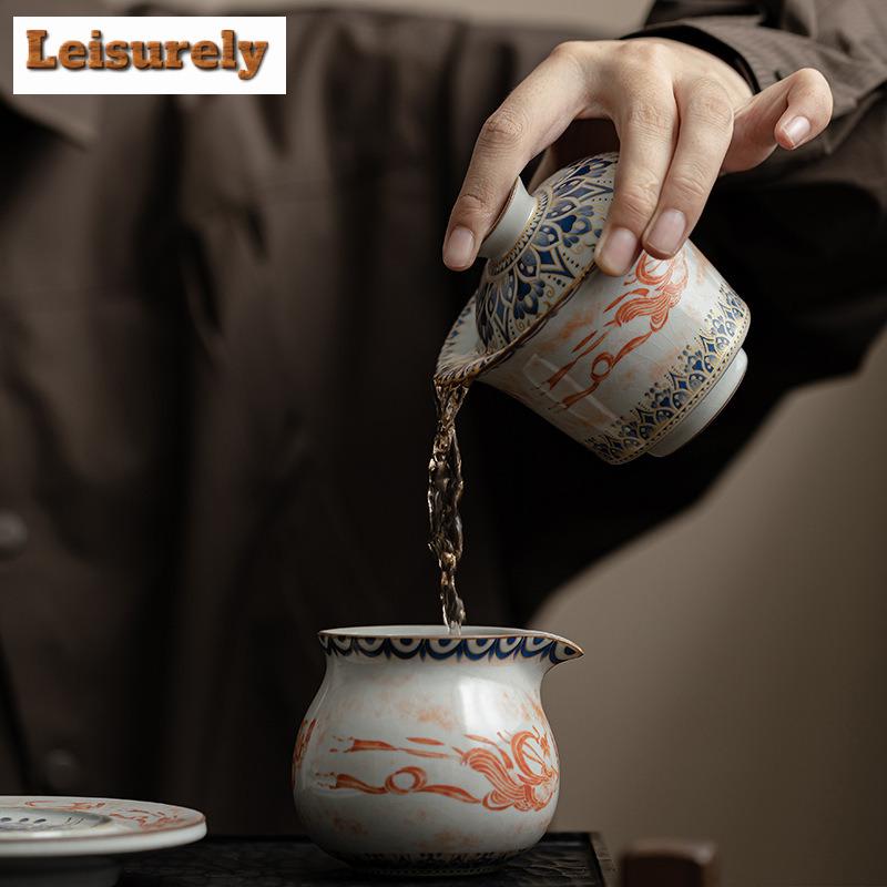 170ml Imitation Song Ru Kiln Gaiwan Traditional Dunhuang Apsaras Horseshoe Tea Tureen Tea Making Cover Bowl Teaware Craft Gifts
