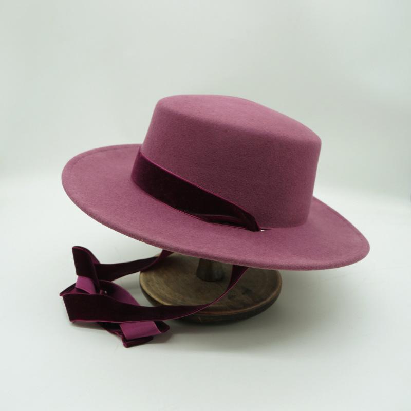 Japanese Korean Version Retro Raspberry Purple Lace-Up Removable Wool Nylon Felt Flat Top Top Hat Women'S Autumn And Winter Wide Brim British
