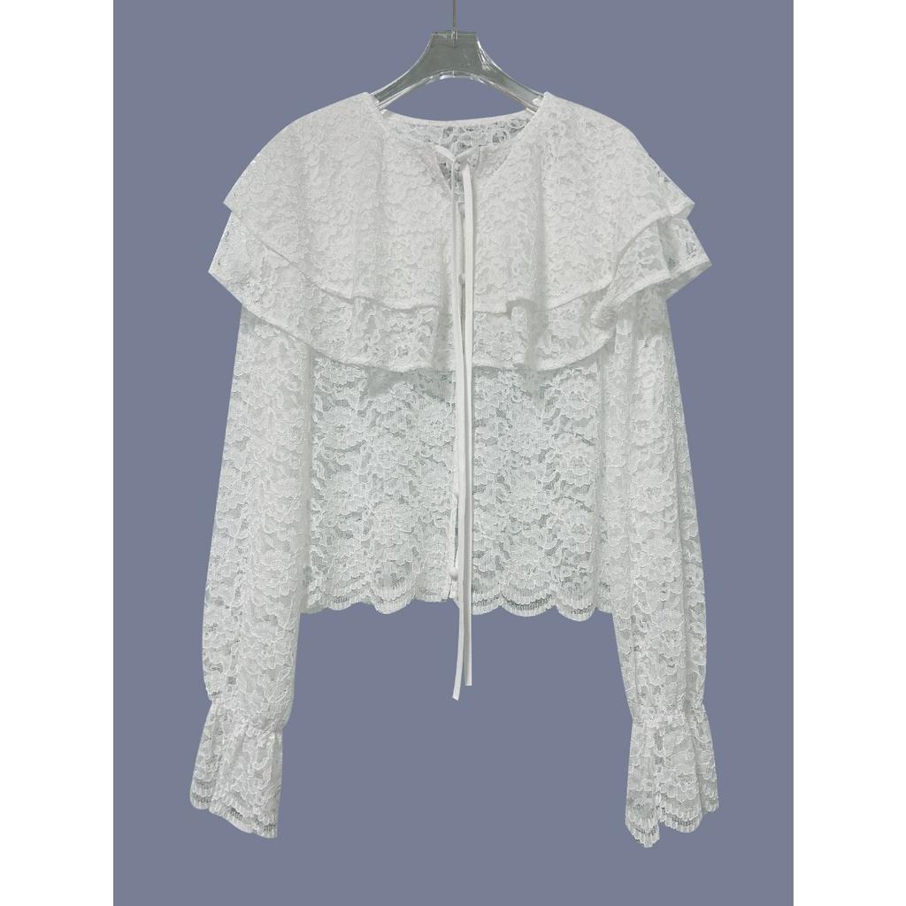 Autumn Winter New Lace See-through Double Layer Ruffle Collar Blouse, Fashion Design Sense Temperament Commuter Shirt for European American Women