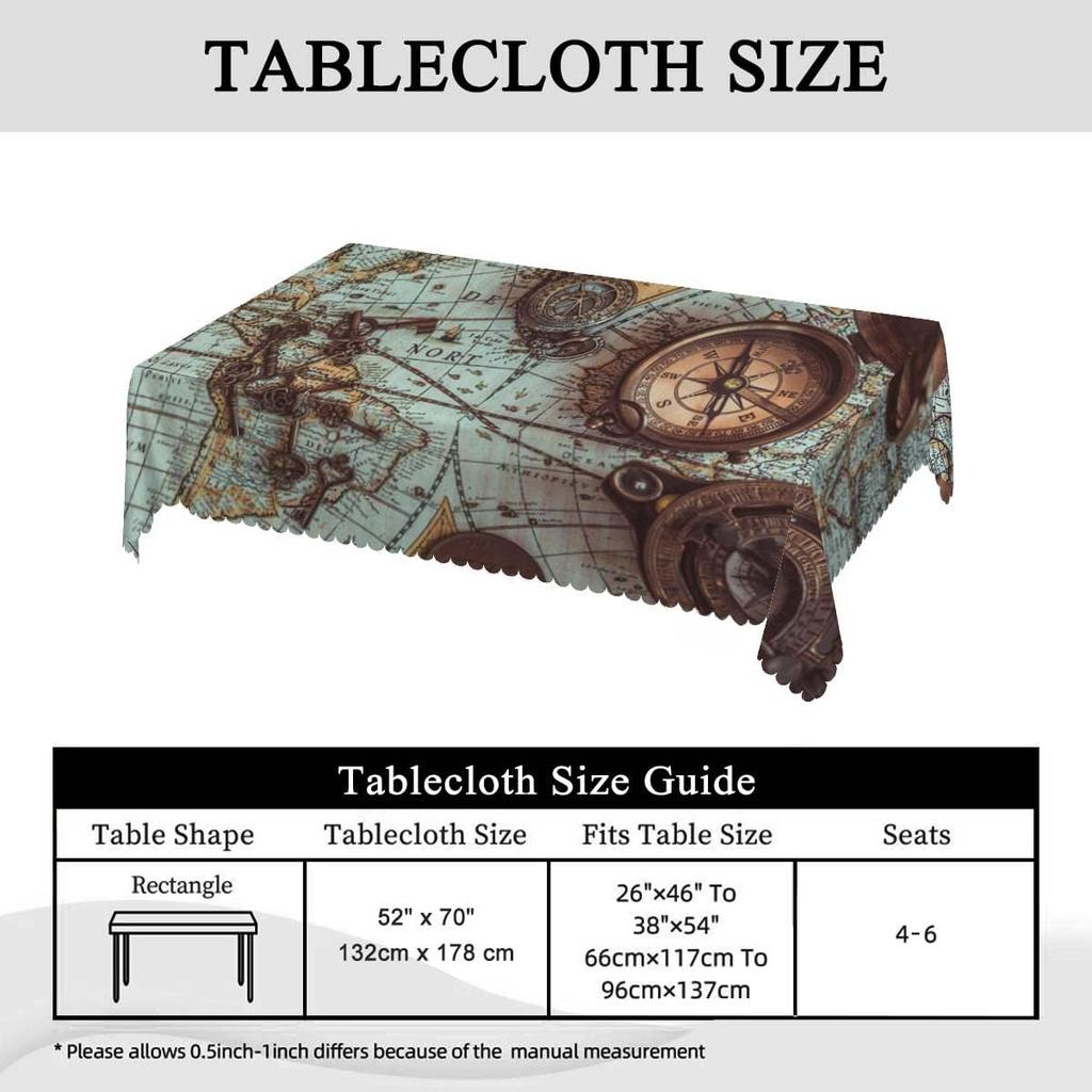 Ancient World Map Compass Skeleton Key Rectangle Tablecloth Table Decor Waterproof Kitchen Dining Tablecloth Holiday Party Decor