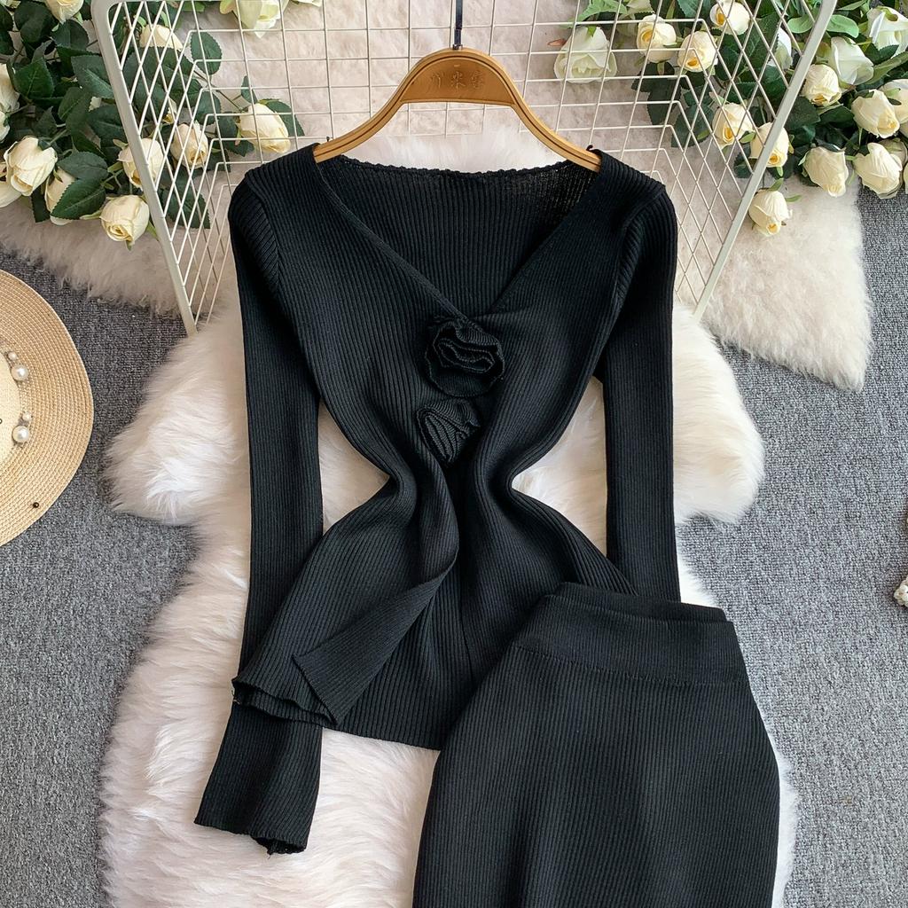 Spring Autumn Women Elegant Knitted Sweater Office Two Piece Set V-neck 3D Flower Pullover Tops and Long Maxi Sheath Skirt Outfits