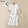 ZANZEA Summer Women Short Sleeve Front Lace Splicing Casual Long Maix Dress