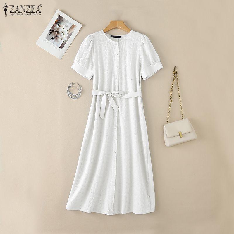 ZANZEA Summer Women Short Sleeve Front Lace Splicing Casual Long Maix Dress