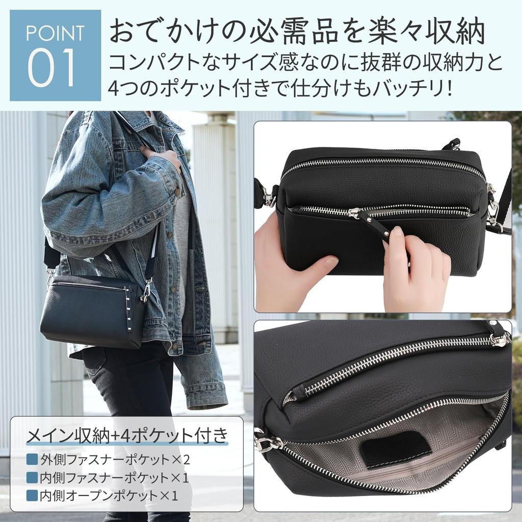 Haroi Women's Shoulder Bag, Small, Large Capacity, Genuine Leather, Mini Shoulder Bag, Pochette, Mini Bag, Casual Bag (Black)