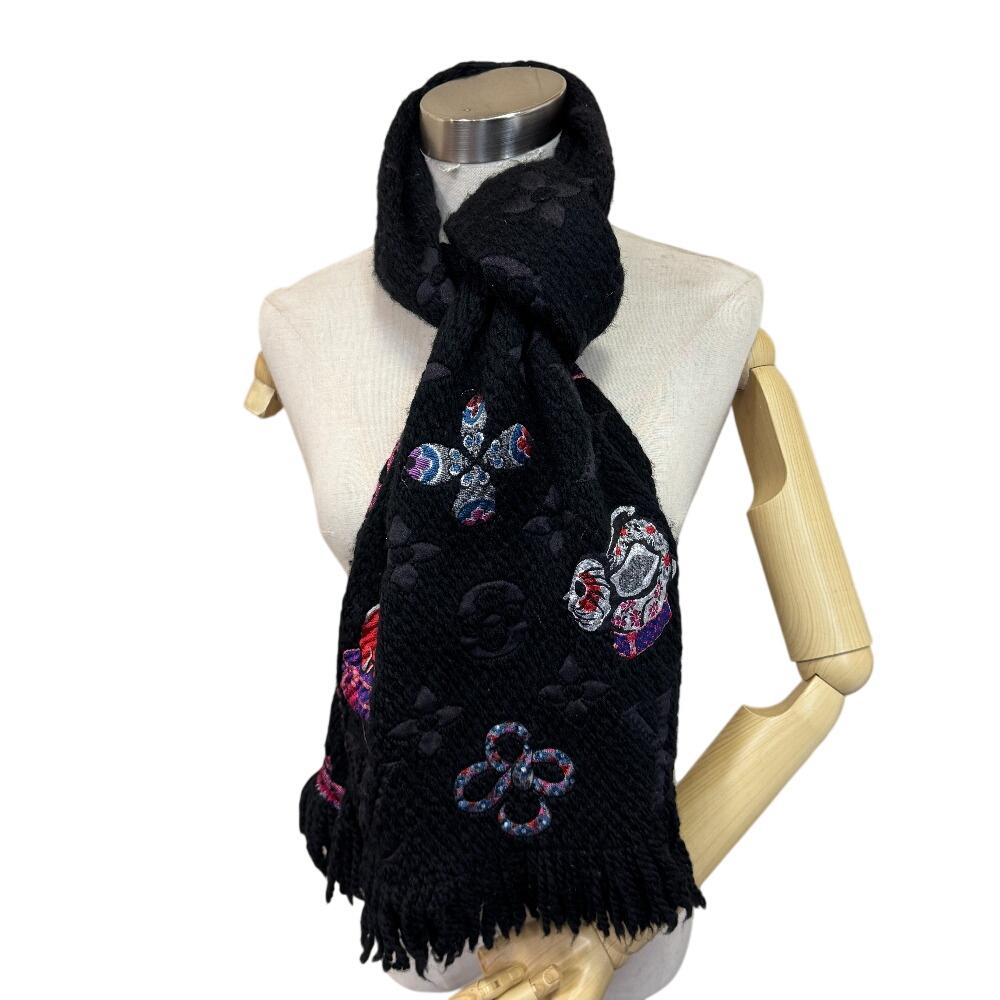 LOUIS VUITTON M71578 Escalp Logo Mania wool Super Station Scarf black wool Women Used