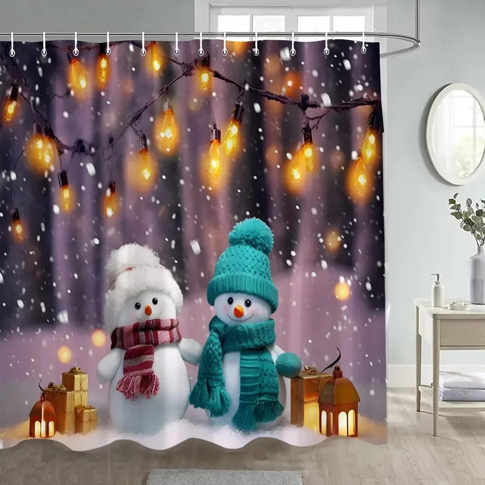 Cute Christmas Cats Shower Curtain Winter Xmas Tree Balls Gift Funny Animal Dog New Year Bathroom Curtains Fabric Home Decor Set