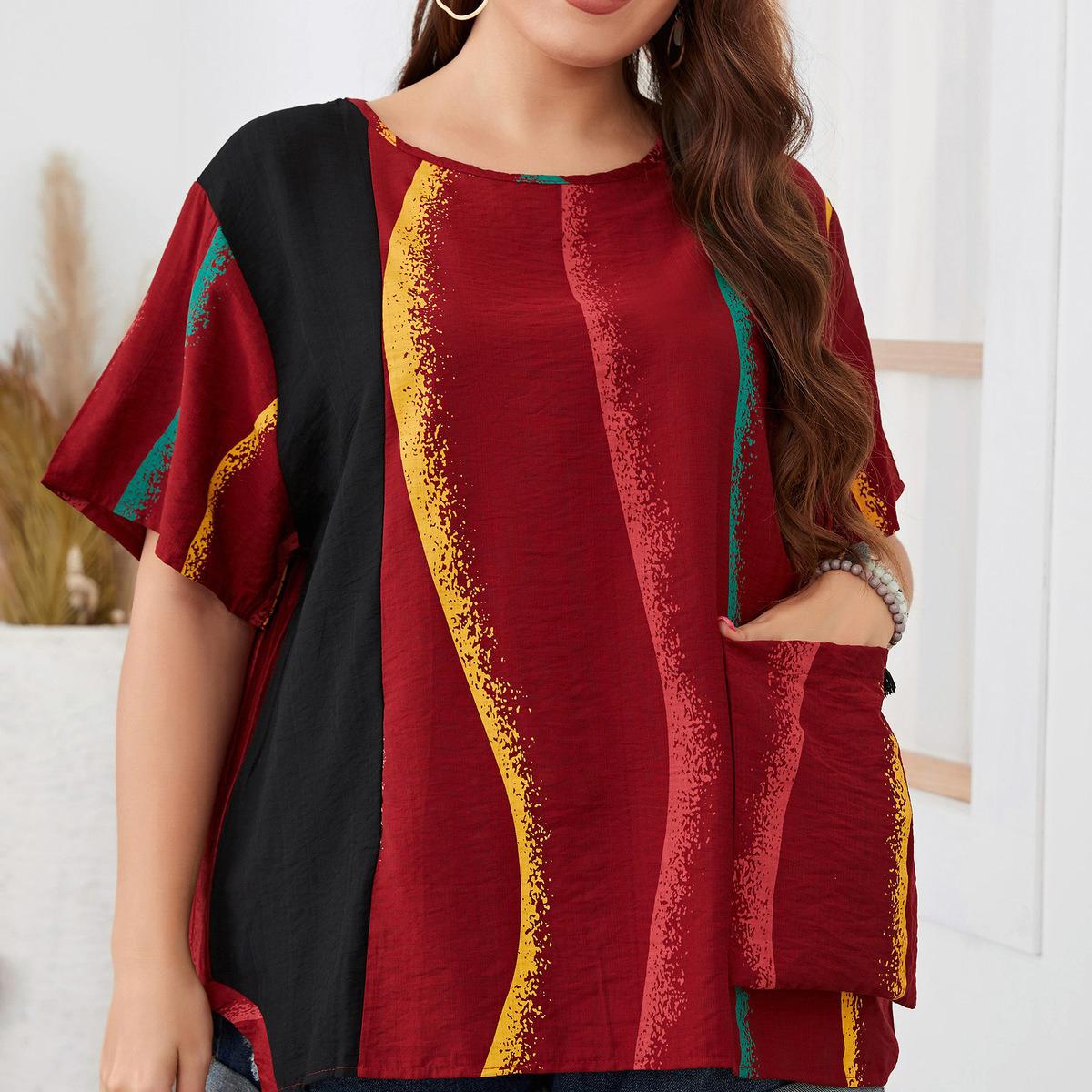 Женская летняя модная рубашка в полоску с принтом в стиле пэчворк и карманами — фото 4