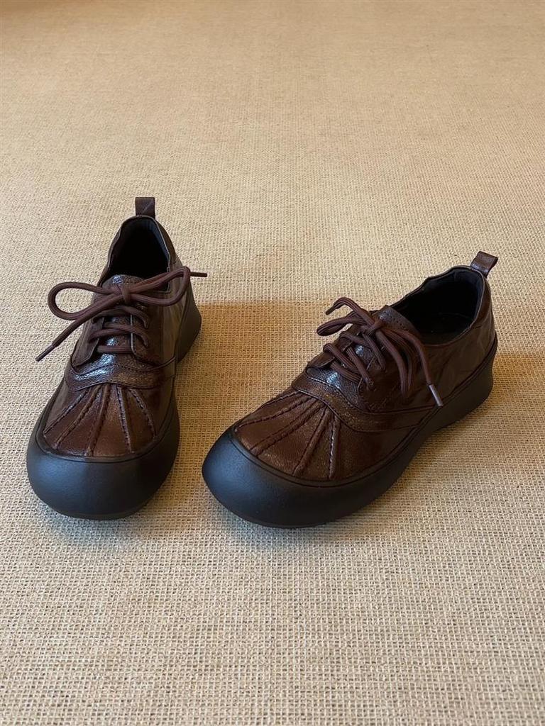 Sheepskin version~ retro leather commuting thick-soled lace-up round head small leather shoes women's loafers black shell head single shoes