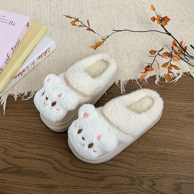 Cute Plush Bear Winter 2025 New Warm Indoor and Outdoor Wear Winter Thick Bottom Home Wear Cotton Slippers Women