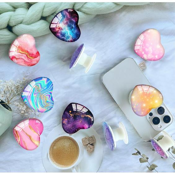 Luhoit Expandiing Cell Phone Grip Heart Shape Glass Finger Holder for Smartphones, Cellphone Collapsible Stand - Orange Glitter