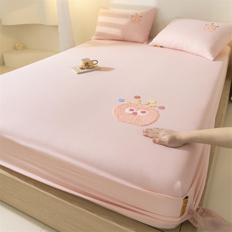 100% Cotton Cartoon Towel Embroidered Fitted Sheet A-Class Single Bed Cover For All Seasons Anti-Slip Mattress Protective Cover