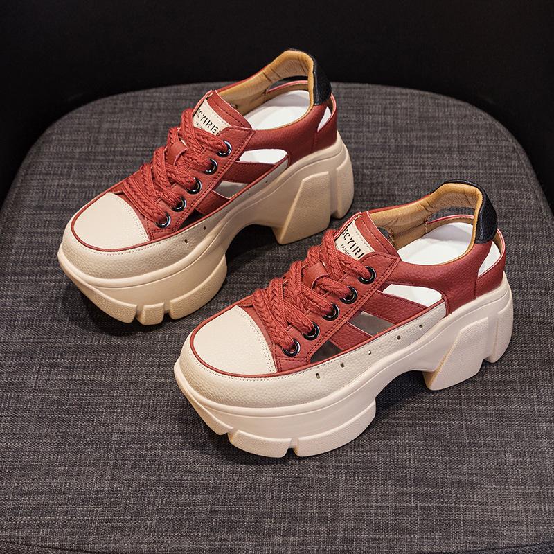 Thick-soled 2025 new summer outer wear hollow dad shoes inner height increase casual small leather shoes breathable women's sandals