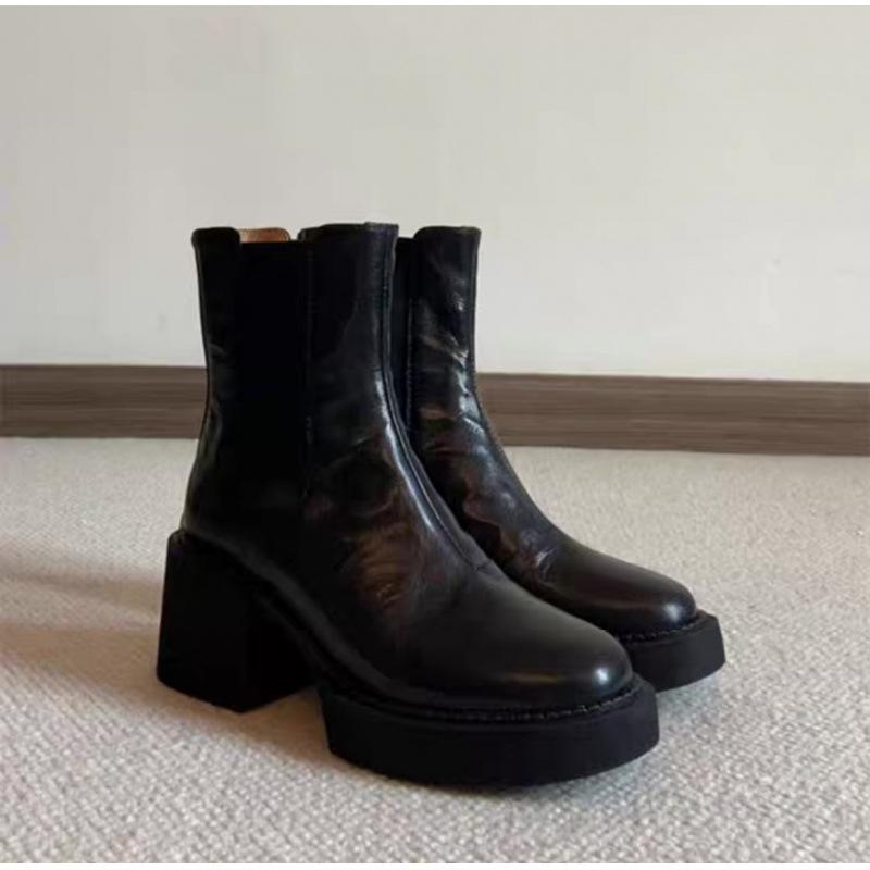 Cowhide Version~ Leather Platform Short Boots Women's Autumn and Winter Retro Chelsea Boots Thick Heel Thin Boots Martin Boots