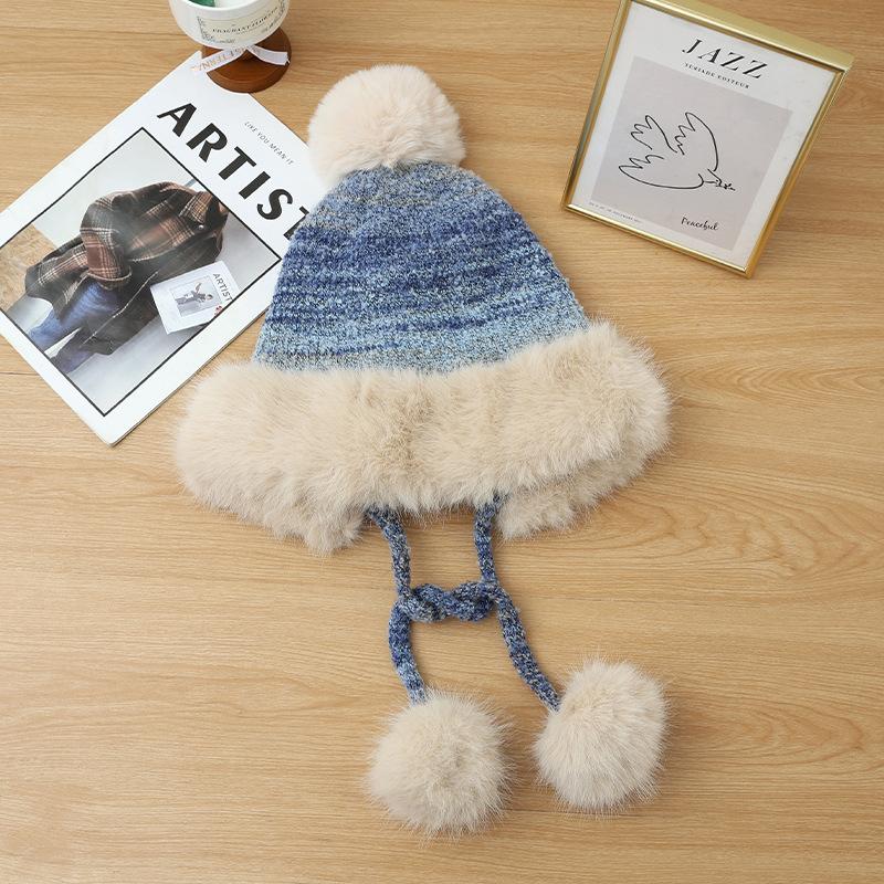 Winter hat women's retro knitted hat fleece thickened ear protection cold wool hat cute rabbit hairball thermal hat