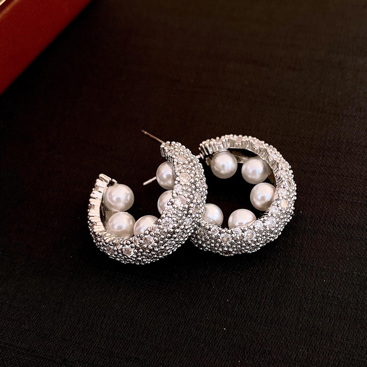 Silver Needle Korean Zircon C-Shaped Pearl Stud Earrings Cold Style Design Earrings Earrings Women