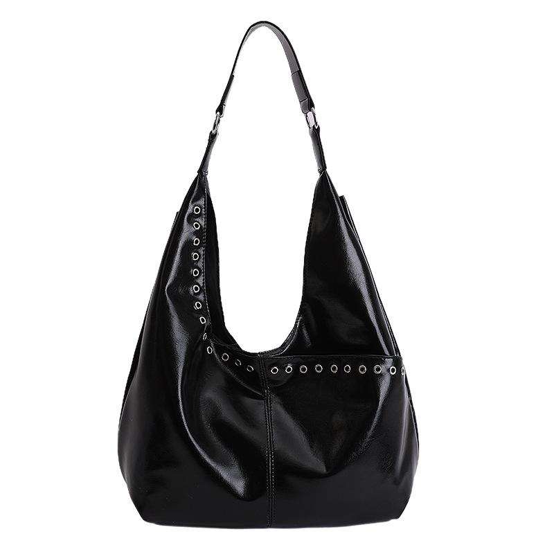 Studded Leather Hobo Bag with Open Top Design Large Capacity Fashion Shoulder Bag