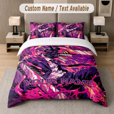 Chainsaw Man 3Pcs Bedding Set, Personalized Custom Name Text, 1 Duvet Cover & 2 Pillowcases For Bedroom