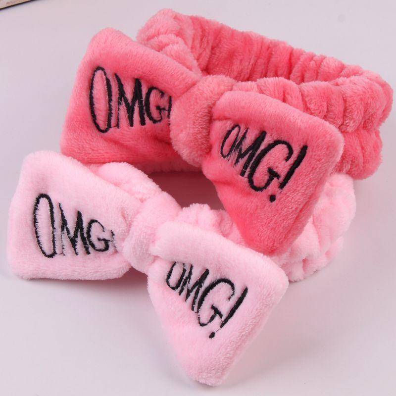 Versatile Candy Color Omg Letters Bow Headband Coral Fleece For Daily Facial Routines