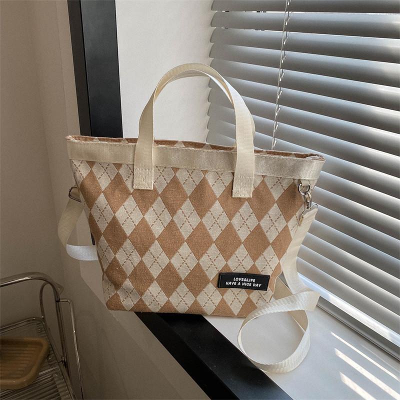 Stylish Large Capacity Plaid Canvas Handbag 2023 Trendy Urban Simple Shoulder Bag For Women