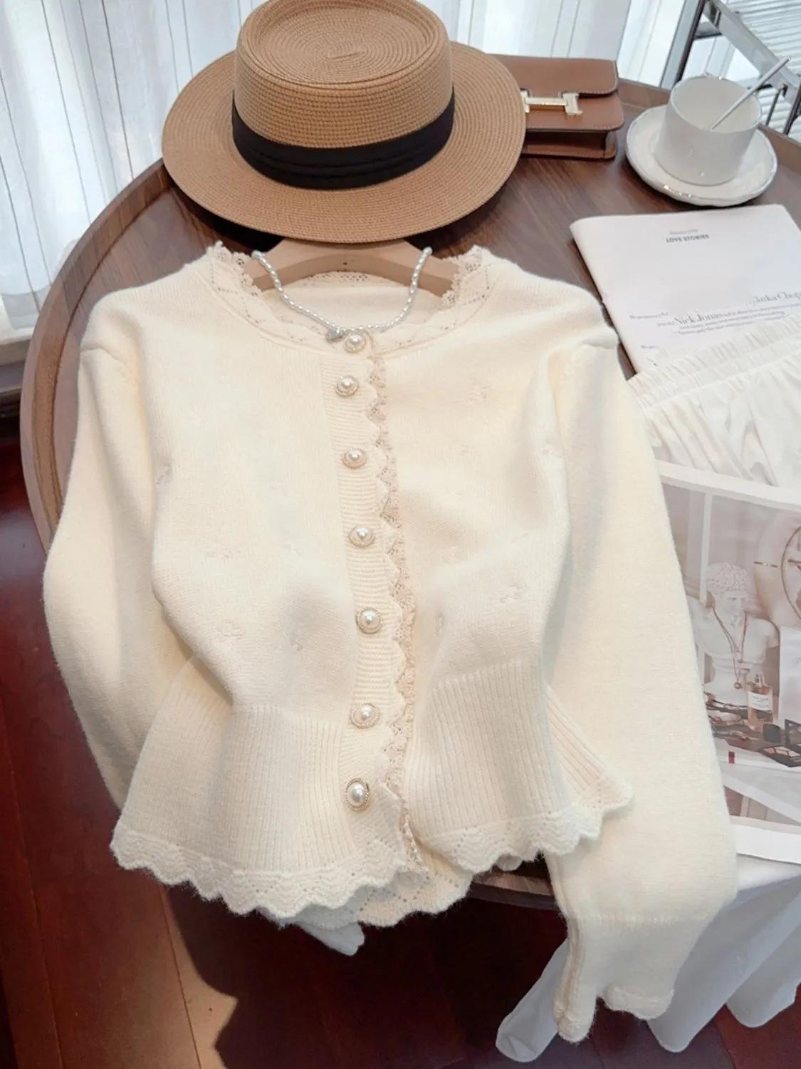Женский весенний вязаный кардиган оверсайз с коротким рукавом, корейский стиль, милый, с кружевной отделкой, вышитая куртка-свитер XXS бежевый